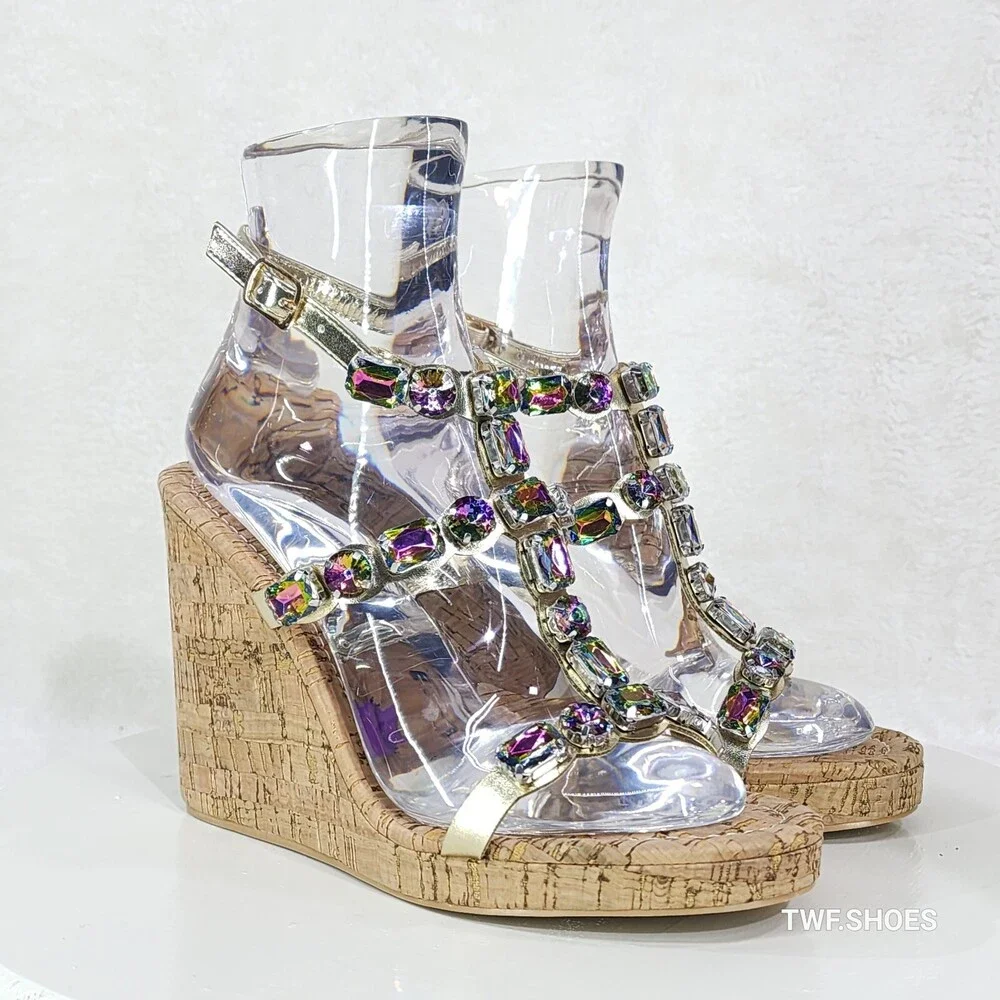 NIB Summer Time Colorful Jeweled Cork Wedge High Heel Sandals